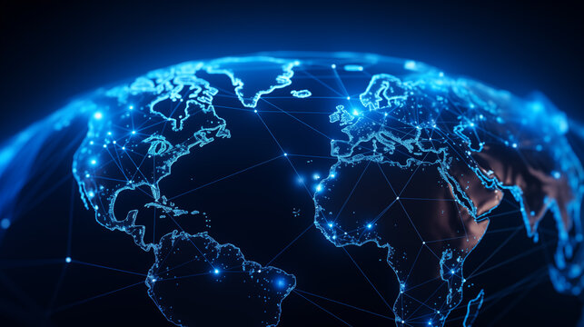 Digital world map with glowing connections image background. Global network close up picture. Communication links across continents closeup photo backdrop. Cyber connectivity concept