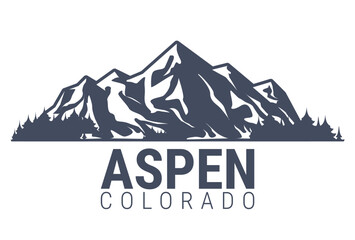Aspen, Colorado ski resort emblem, snow covered mountains range, vector - obrazy, fototapety, plakaty