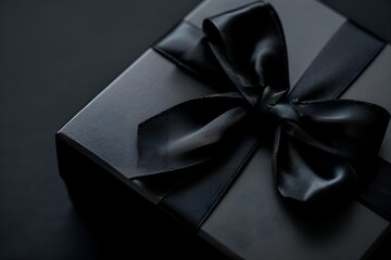 Elegant Black Gift Box with Shiny Bow and Ribbon on Stylish Black Background
