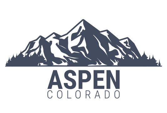Aspen, Colorado ski resort emblem, snow covered mountains range, vector