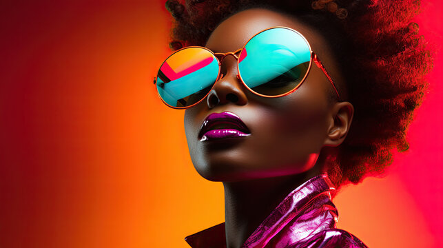 Portrait of a young african woman at studio. High Fashion female model in colorful bright neon lights posing 