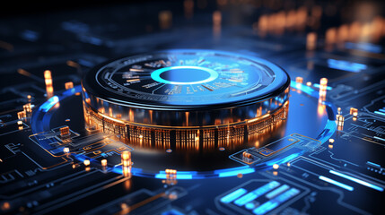 High-tech motherboard pathways image background. Futuristic technology close up picture wallpaper. Computer hardware closeup photo backdrop. Data processing. Advanced computing concept