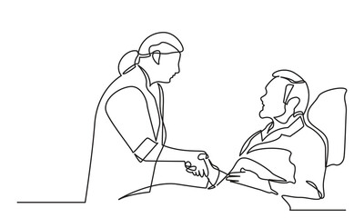 Continuous line drawing of female doctor handshaking with male patient.single line drawing of a doctor talking to the lying patient in the bed. Concept of hospital and health care service.