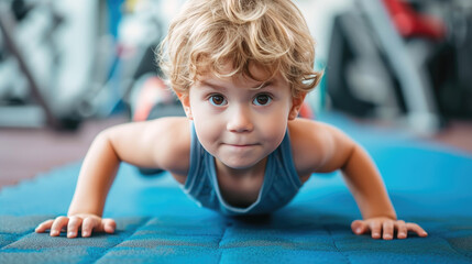 Little boy, dedicated, performs push-ups at the gym, showcasing determination, fitness enthusiasm, Ai Generated. - obrazy, fototapety, plakaty