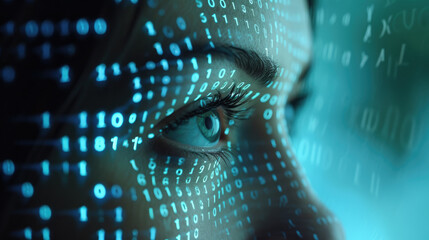 Female face immersed in binary code, a fusion of human and digital realms, Ai Generated.