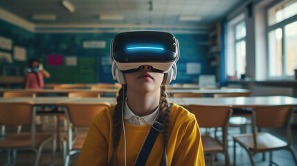 Student wears augmented reality headset in classroom, exploring immersive learning experiences, futuristic education, Ai Generated.