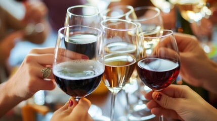 Elegant Hands Toasting with Assorted Wine Glasses at a Celebration