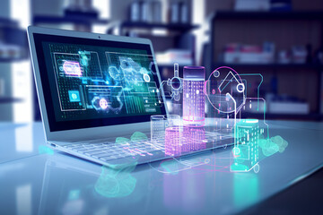 computer screen with virtual technology objects and molecules, industrial medical futurism, pharmaceuticals