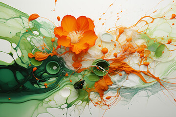 watercolor flowers of green, orange, and white splashes in water, fluid acrylics, psychedelic artwork