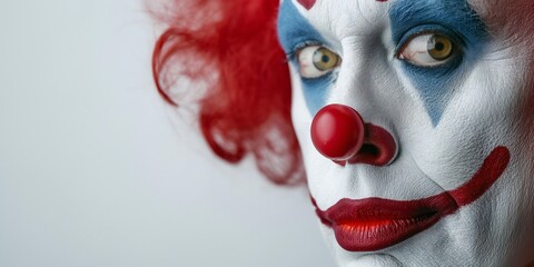 Close-up portrait of a clown with a red nose on a gray background.