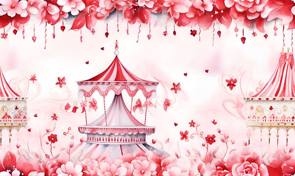 Carousel Pattern Paris.  Seamless pattern. red, white. Watercolor drawing