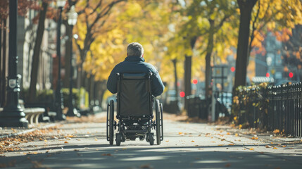 Handicapped or old adult man navigates a sidewalk in an electronic wheelchair, city lights in the backdrop Quality of life and impairment concept.