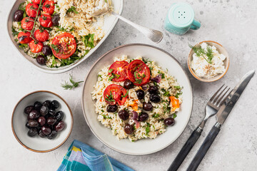 Greek vegetable casserole with rice and tomatoes