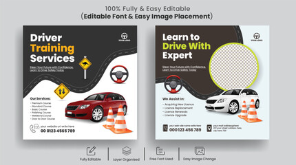 Editable Driving Training instagram post or facebook post banner ads template with 3d car illustration and 
promotional advertisement for car repair and car washing square banner design