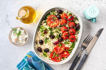 Greek vegetable casserole with rice and tomatoes