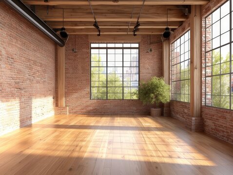 a room with brick walls and a tree