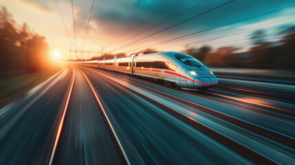 High-speed bullet train Сutting edge technology innovation enabled the development of fast and efficient rail transportation which is increasingly becoming a popular alternative to air and road travel - obrazy, fototapety, plakaty