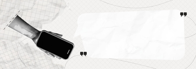 Trendy Halftone Collage Hand holding phone with speech bubble message. Empty space for text. Social media announcing promotion and marketing. Vector contemporary art. Modern banner illustration