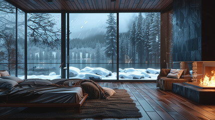 Schönes Wohnzimmer mit großem Fenster und Winterlandschaft