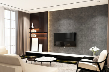 Modern contemporary  living room with frame mock up on the wall. Design 3d rendering of black and dark woods. Design print for illustration, presentation, mock up, interior, zoom, background. Set 15