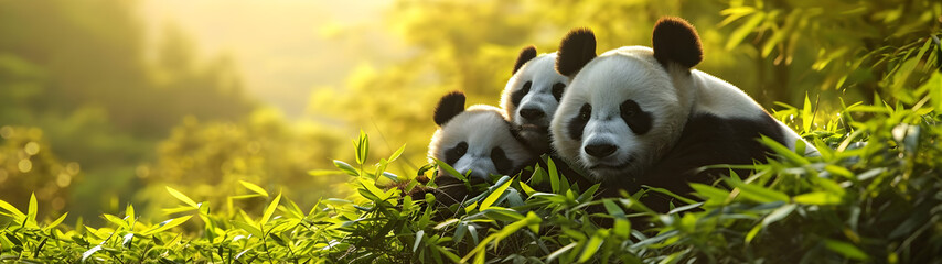 Panda bear family at the rain forest with setting sun shining. Group of wild animals in nature....