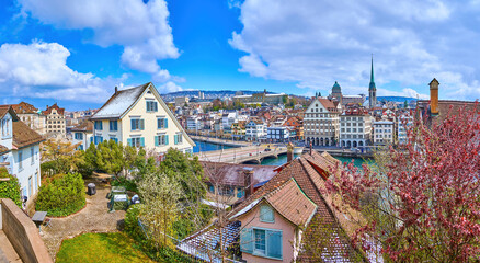 Panorama of Limmatquai embankment from Lindenhof Hill, on April 3 in Zurich, Switzerland
