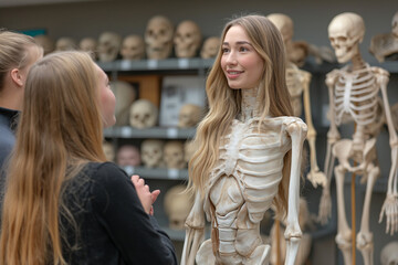 Teacher with anatomy model and students in class.