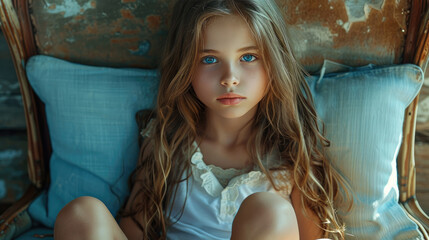 Modern 12 year old girl with long hair and captivating big blue eyes. Ai Generated.