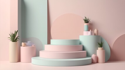 A mock-up with a podium for demonstrating products in pastel colors