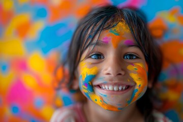 Cheerful child delighted with colorful face paint, surrounded by vibrant abstract patterns