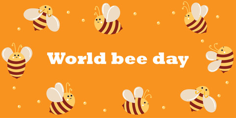 World beer day of 20 may. Banner with cute honey bees in flat-lay style for web use, printing, banners, backgrounds. Celebrating World Bee Day and caring for bees. Beekeeping and animal care