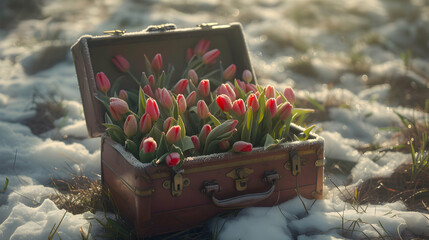 Vintage suitcase with colorful tulip flowers and hoarfrost lying on the snowy surface. Concept of spring coming.