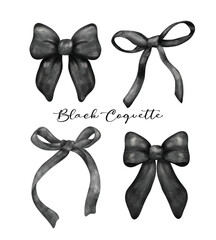 Black coquette ribbon bow set, aesthetic watercolor hand drawing