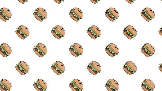 4k animated burger motion pattern on white background. Motion Wallpaper Banner or Card Template. Fast Food animated pattern design. Multiple uses.
