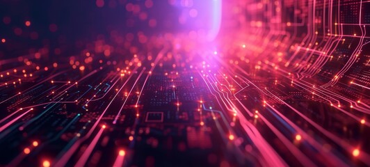 Obraz premium A dynamic view of purple and red glowing digital circuitry with nodes and lines, suggesting high-speed data transfer