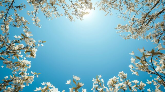 Cherry blossoms framing a radiant spring sun in a clear blue sky