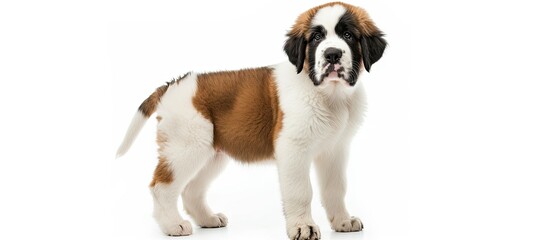 An adorable white Saint Bernard puppy stands majestically in front of a white background.