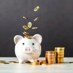 Coins tumbling into white piggy bank: Illustration of financial savings and deposits