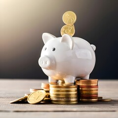 Coins descending into white piggy bank: Concept of money saving and deposit