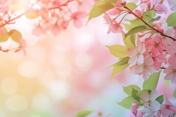 Fototapeta premium Spring background. Soft gradient background transitioning from the pale pink of cherry blossoms to the fresh green of new leaves, with space for text