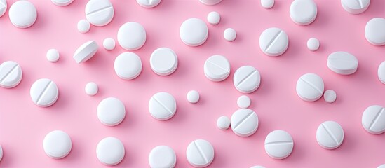 A close-up view of multiple white tablets scattered on a vibrant pink background.
