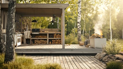 a wood covered outdoor kitchen