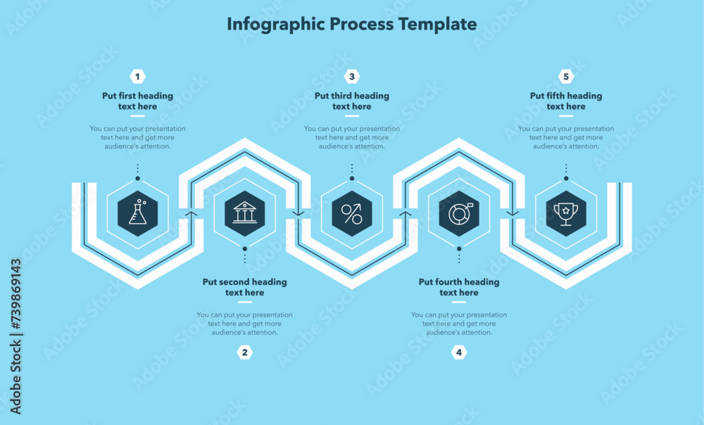 Poster Horizontal process infographic template with five stages - blue version. Flat presentation diagram with hexagons and minimalistic icons.