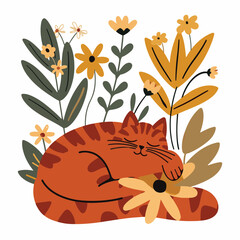 cute cat with flowers, flat vector illustration
