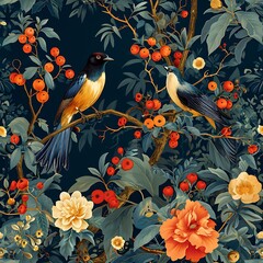 Fototapeta premium Chinoiseries style illustration with bird and flower with tree on dark blue background