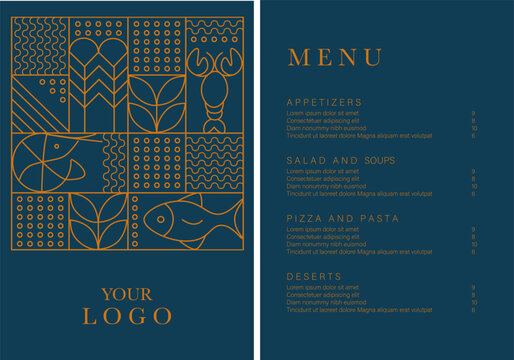 Seafood menu template. Fish restaurant design template. Vector illustration. Sample design. Brand style vector illustration. Vector menu brochure template for cafe, restaurant, bar.