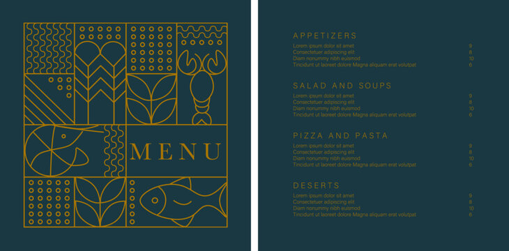 Seafood menu template. Fish restaurant design template. Vector illustration. Sample design. Brand style vector illustration. Vector menu brochure template for cafe, restaurant, bar.