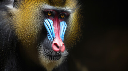 Banner of a mandrill on blured nature background, with empty copy space	