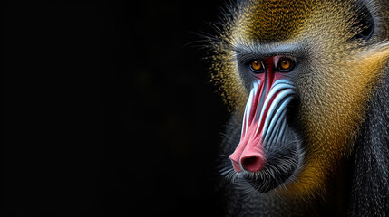 Banner of a mandrill on blured nature background, with empty copy space	
 - obrazy, fototapety, plakaty