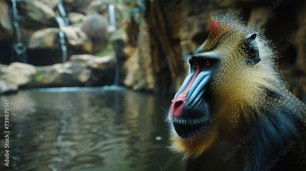 Canvas Prints banner of a mandrill on blured nature background, with empty copy space
